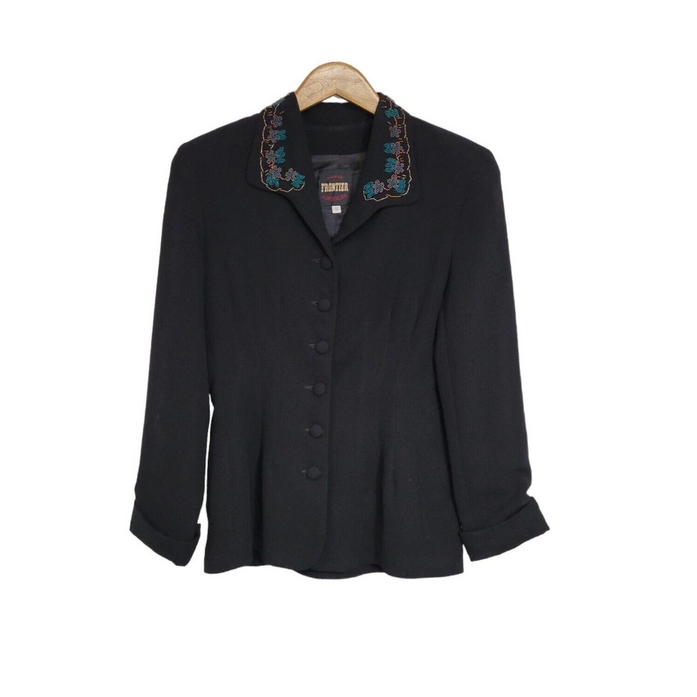 Vtg North American Frontier Black Beaded Lapel Detail Blazer Jacket Size Small